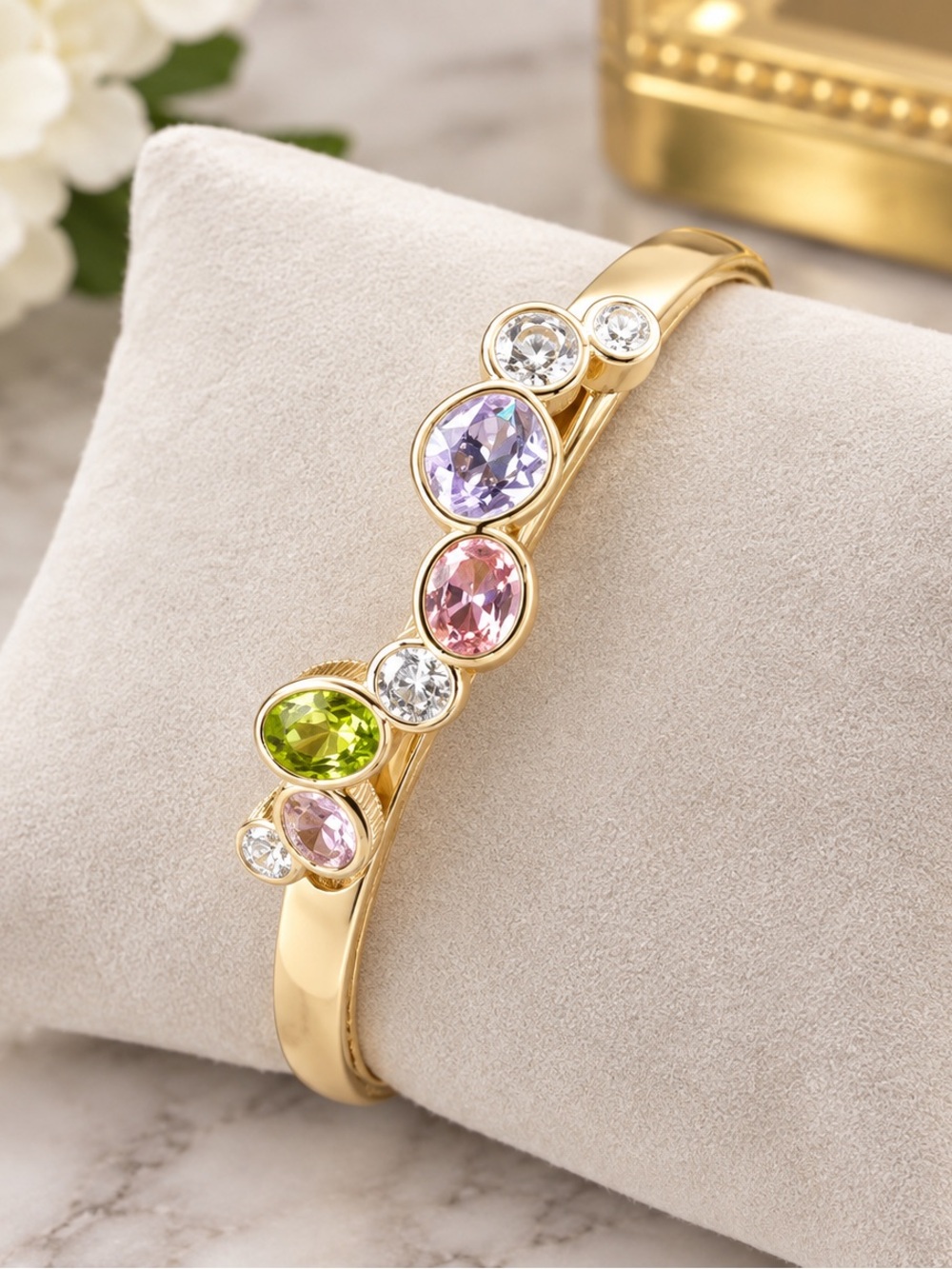 New Matte Gold Multi-Gemstone Bangle Bracelet - Pink, Purple, Green & Clear - Picture 3 of 3
